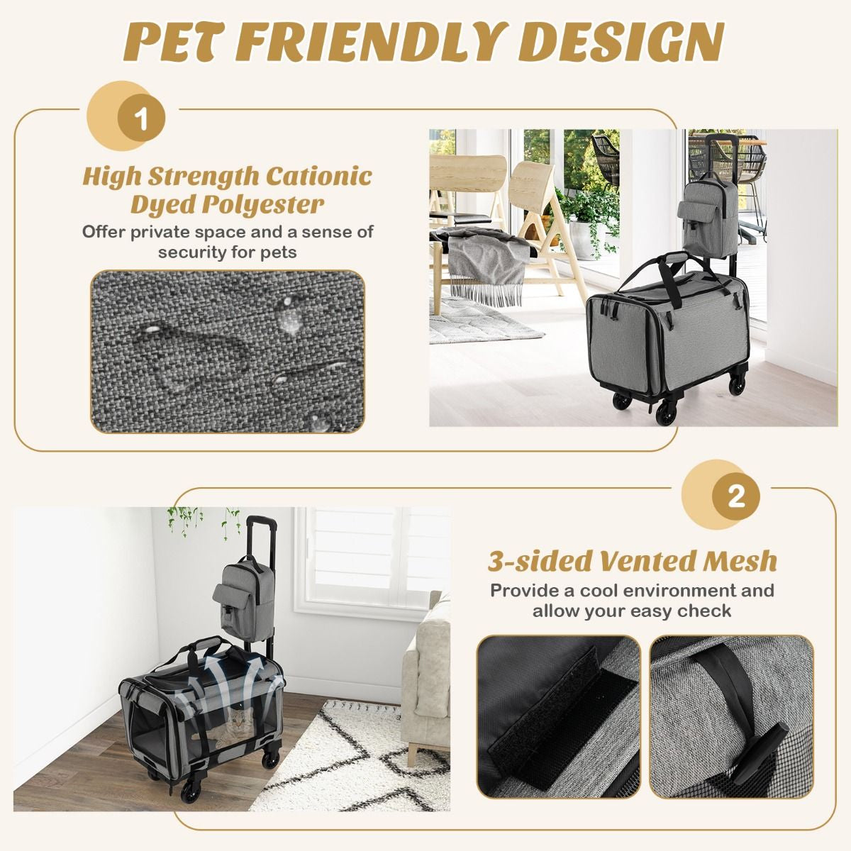 Large Rolling Cat Dog Carrier for Small and Medium Sized Pets