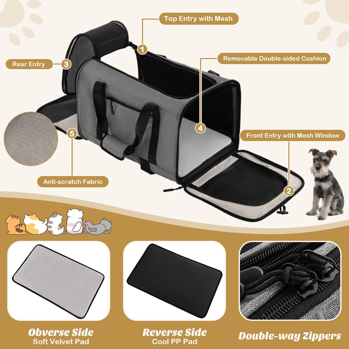 Large Rolling Cat Dog Carrier for Small and Medium Sized Pets