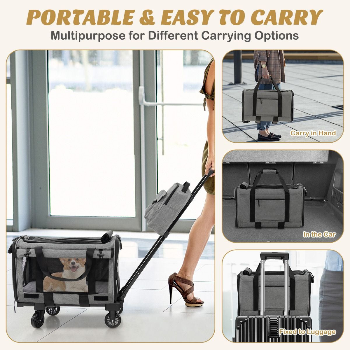 Large Rolling Cat Dog Carrier for Small and Medium Sized Pets