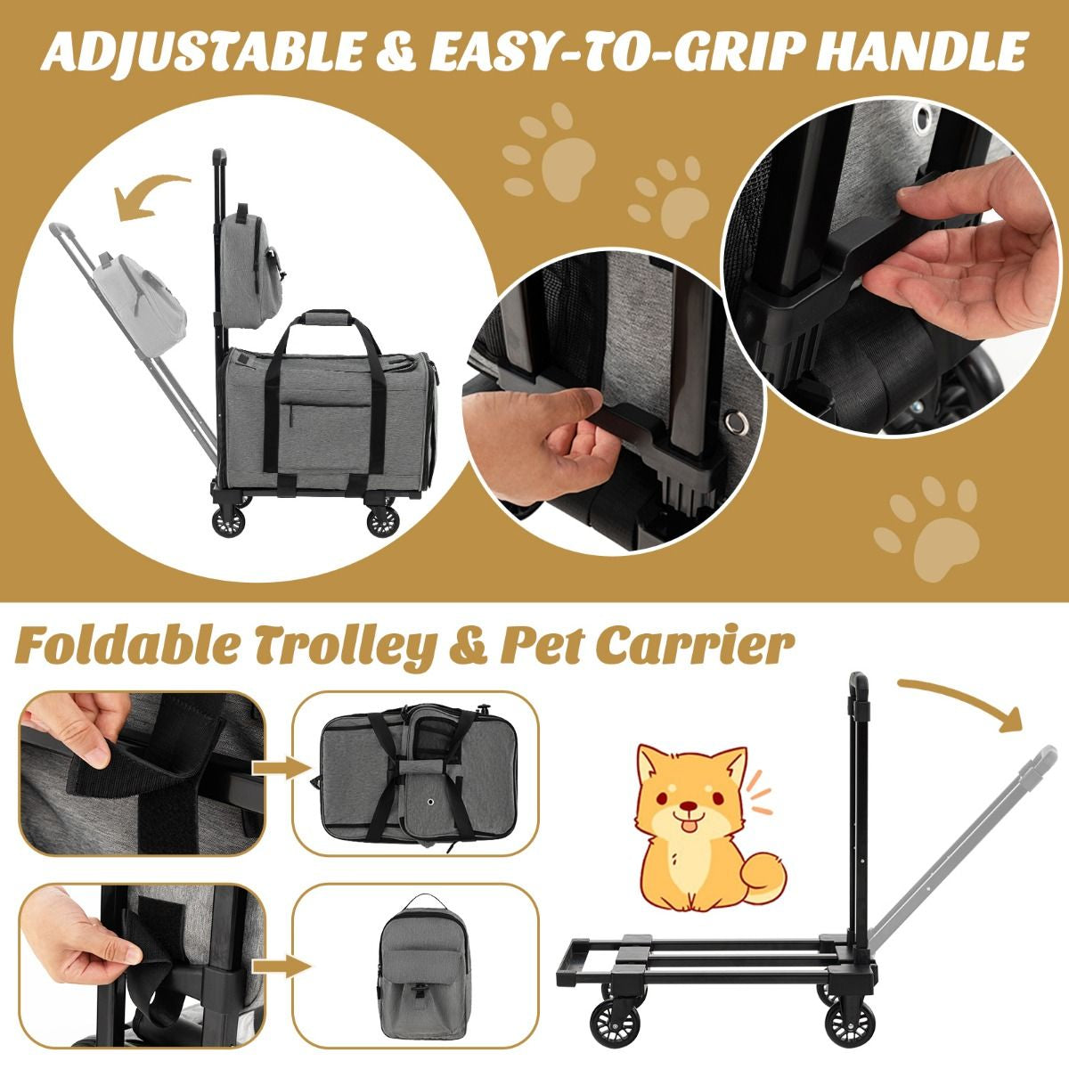 Large Rolling Cat Dog Carrier for Small and Medium Sized Pets